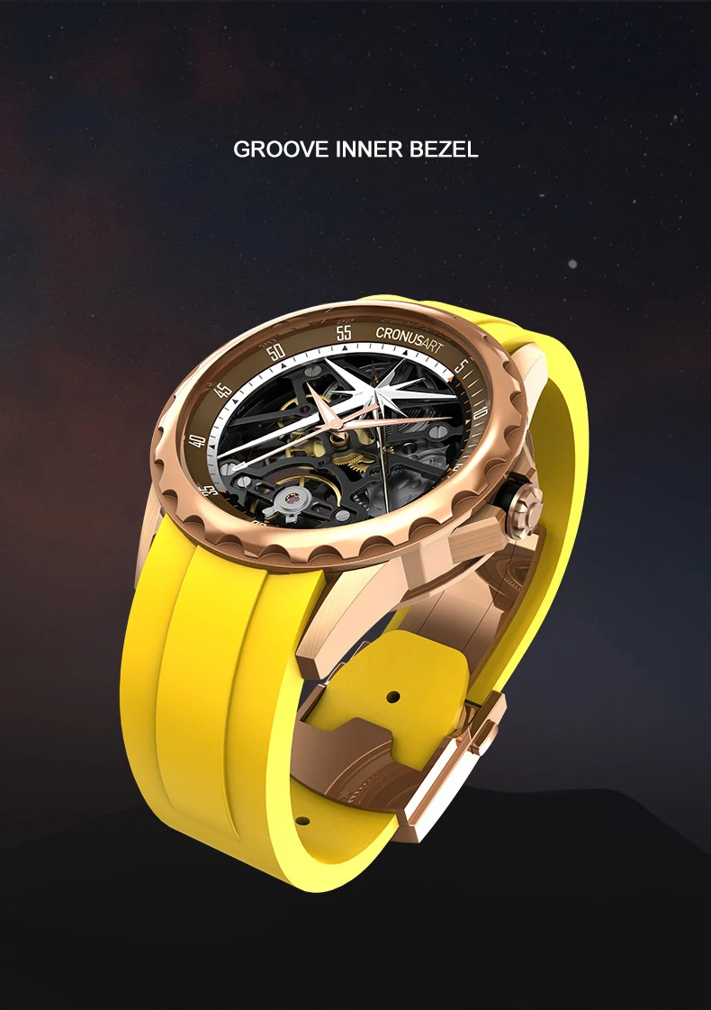 

CRONUSART Men Automatic Watch 41mm Luxury Mechanical Wristwatch Skeleton Dial Steel Case Luminous Fluororubber Strap