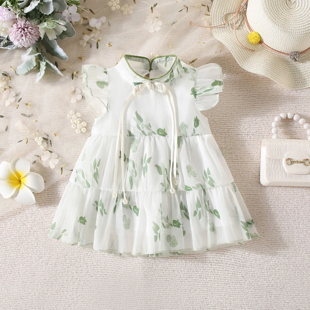 Summer New Girl Baby Dress Hand-painted Green Light and Thin Mesh Flower Small Flying Sleeves Chinese Sweet Princess Dress