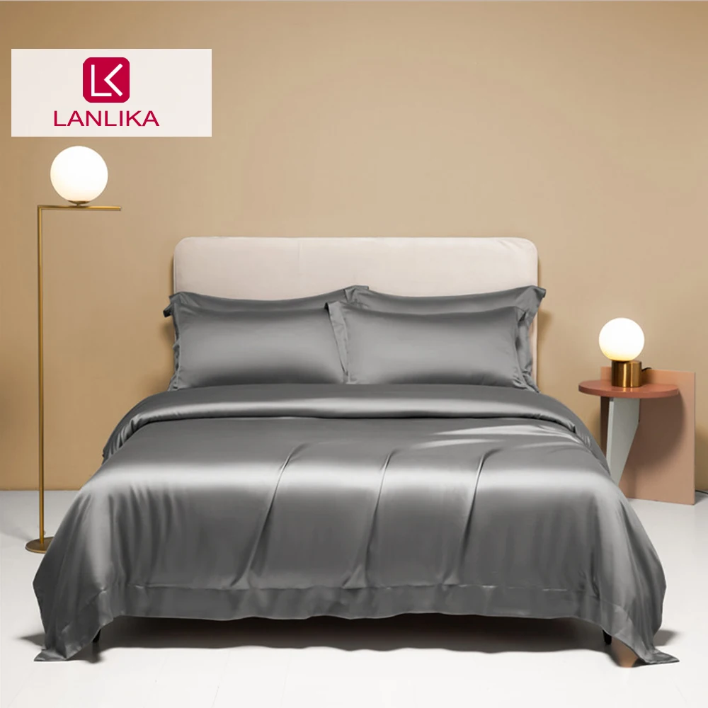 Lanlika Nature Dark Gray 100% Silk Bedding Set Beauty Queen King Duvet Cover Flat Sheet Bed Linen Pillowcase For Sleep Gift