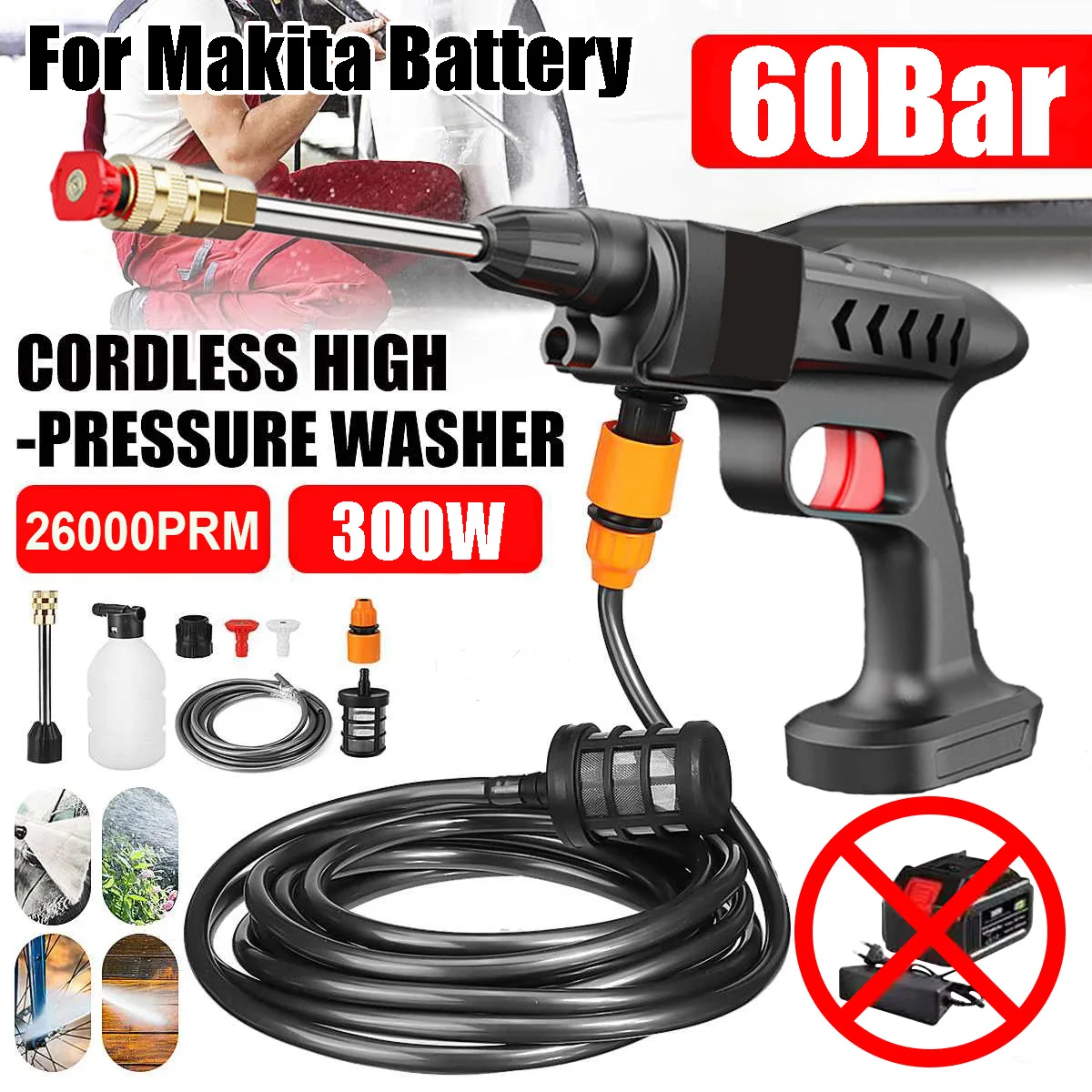 26000rpm Portable Cordless Pressure Washer 60 Bar Foam Generator Cleaner For 21V Makita Battery Car Wash Garden Watering