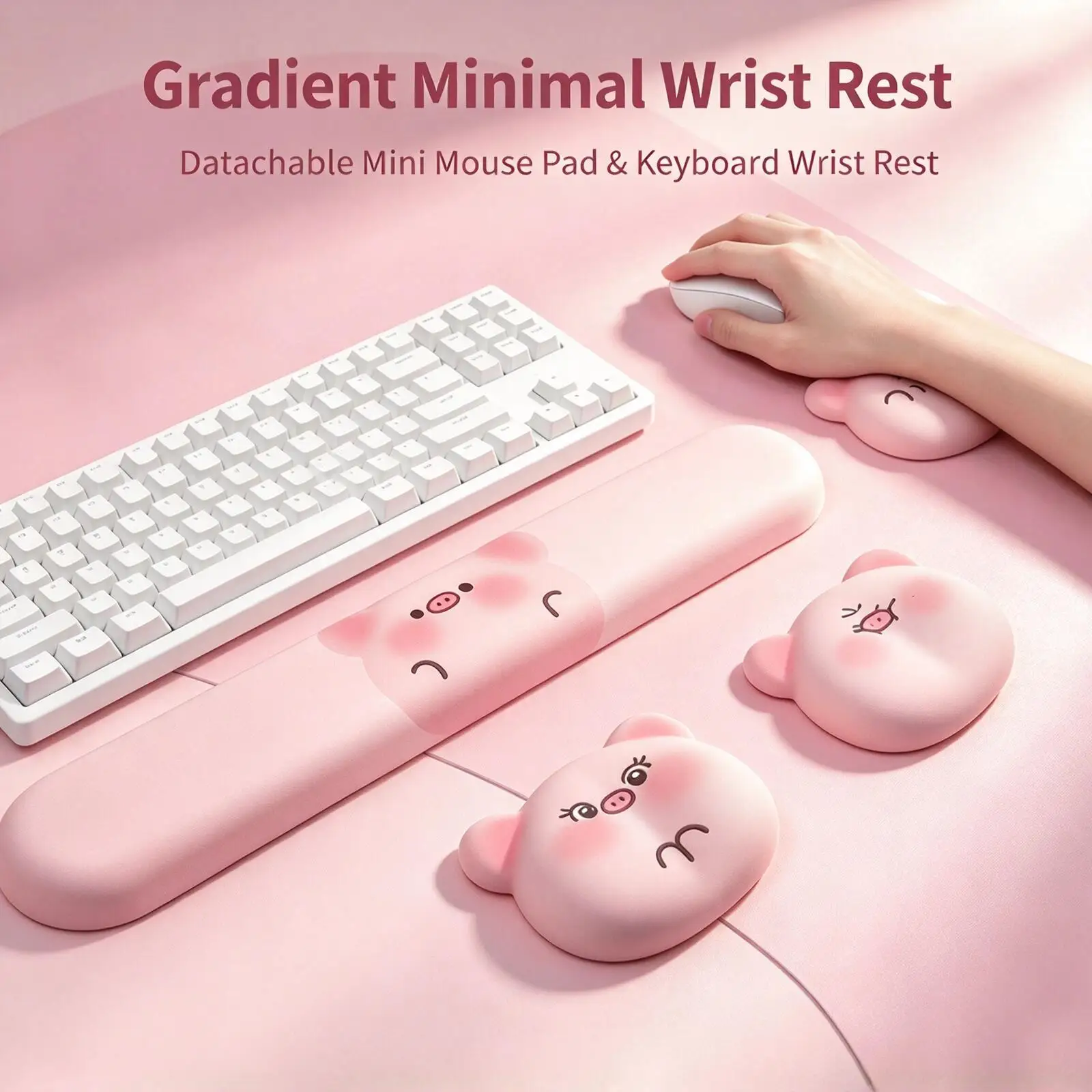 Cute Pig Wrist Rest Set Ergonomic Keyboard Wrist Support+Mouse Wrist Pad Soft Memory Foam Wrist Cushion Anti-Slip Wrist Pillow