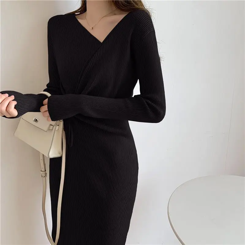 Women\'s Ruched Lace Up Elegant Chic Bodycon Ribbed Knitted Dresses Sexy V Neck Long Sleeve Solid Split Midi Dress Party Vestidos