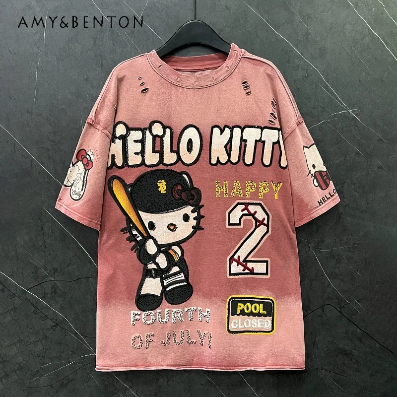 

2026 Spring Summer Heavy Craft New Sweet Style Cartoon Short Sleeves T-shirt for Women's Y2k Loose Casual Mid-Length Top Tshirts