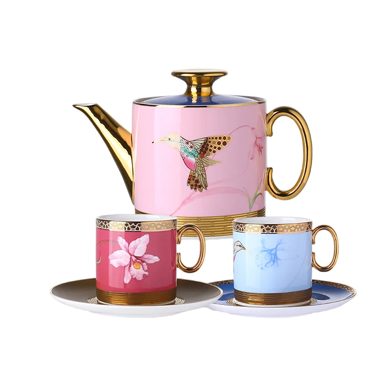 

New Chinese ethnic, trendy bone china tea set, set, one pot, 2 cups, gold handle, tea cup, tea saucer gift box.