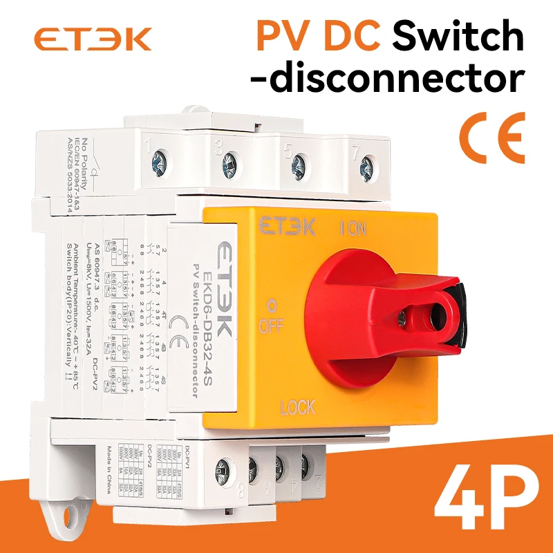 ETEK DC Solar Isolator Switc 1000V DC Disconnector For Solar 32A 4P Din Rail Mounting 4 Pole CE Certified EKD6