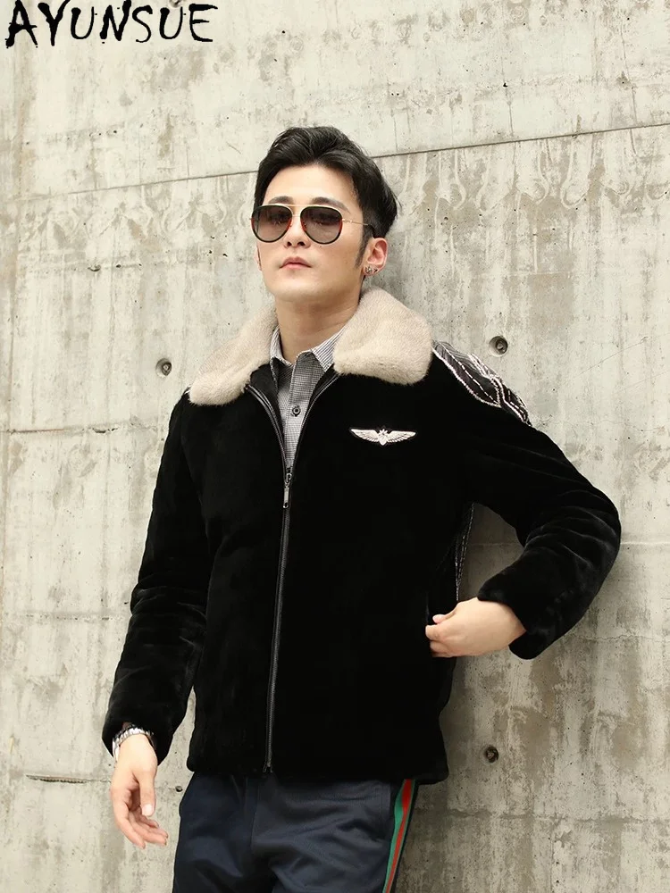 AYUSNUE Natural Mink Coat Men Luxury Clothes Fashion Winter Jacket Swan Velvet Whole Mink Real Fur Coats Male Beading Warm S-6XL