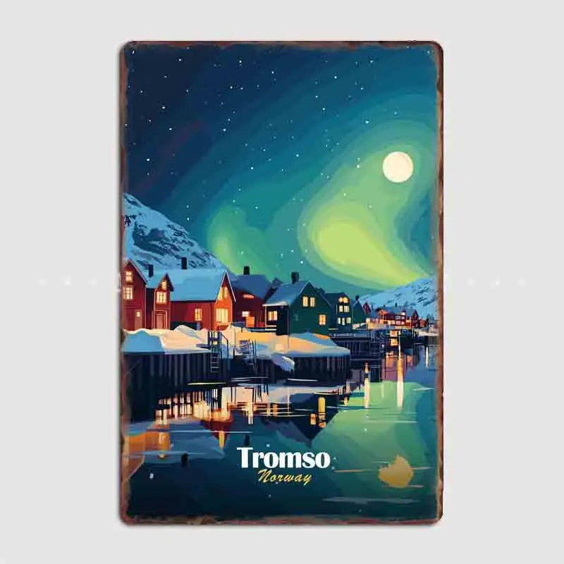 Night Scene Travel Tromso, Norway Night Metal Sign Poster Indoor and Outdoor Room Decor Custom Tin Vintage Home Wall Decor