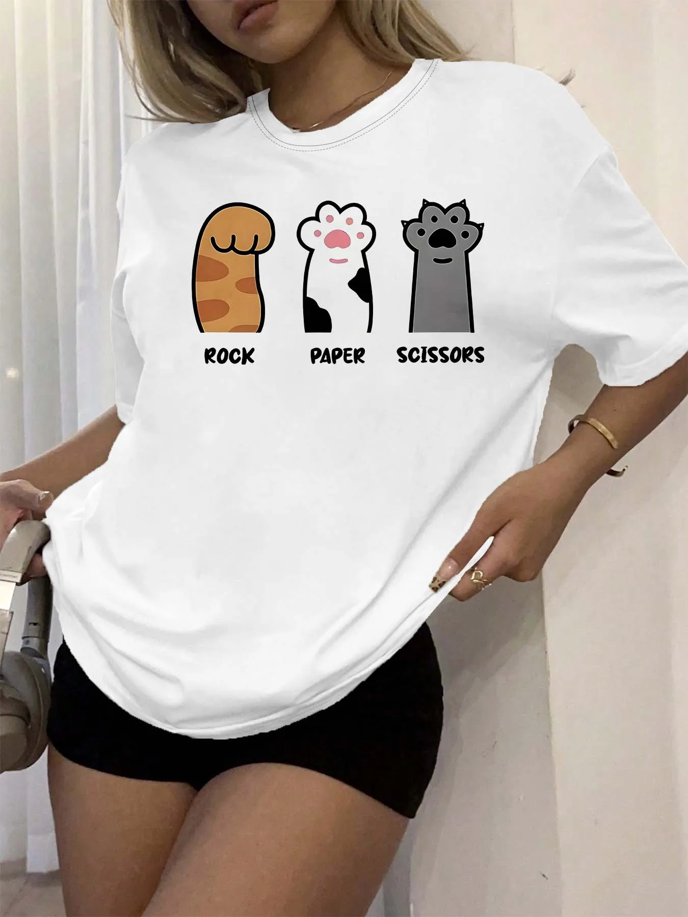 

Plus Size Cat Paw Rock Paper Scissors Print Casual Loose Fit Short Sleeve Top for Women