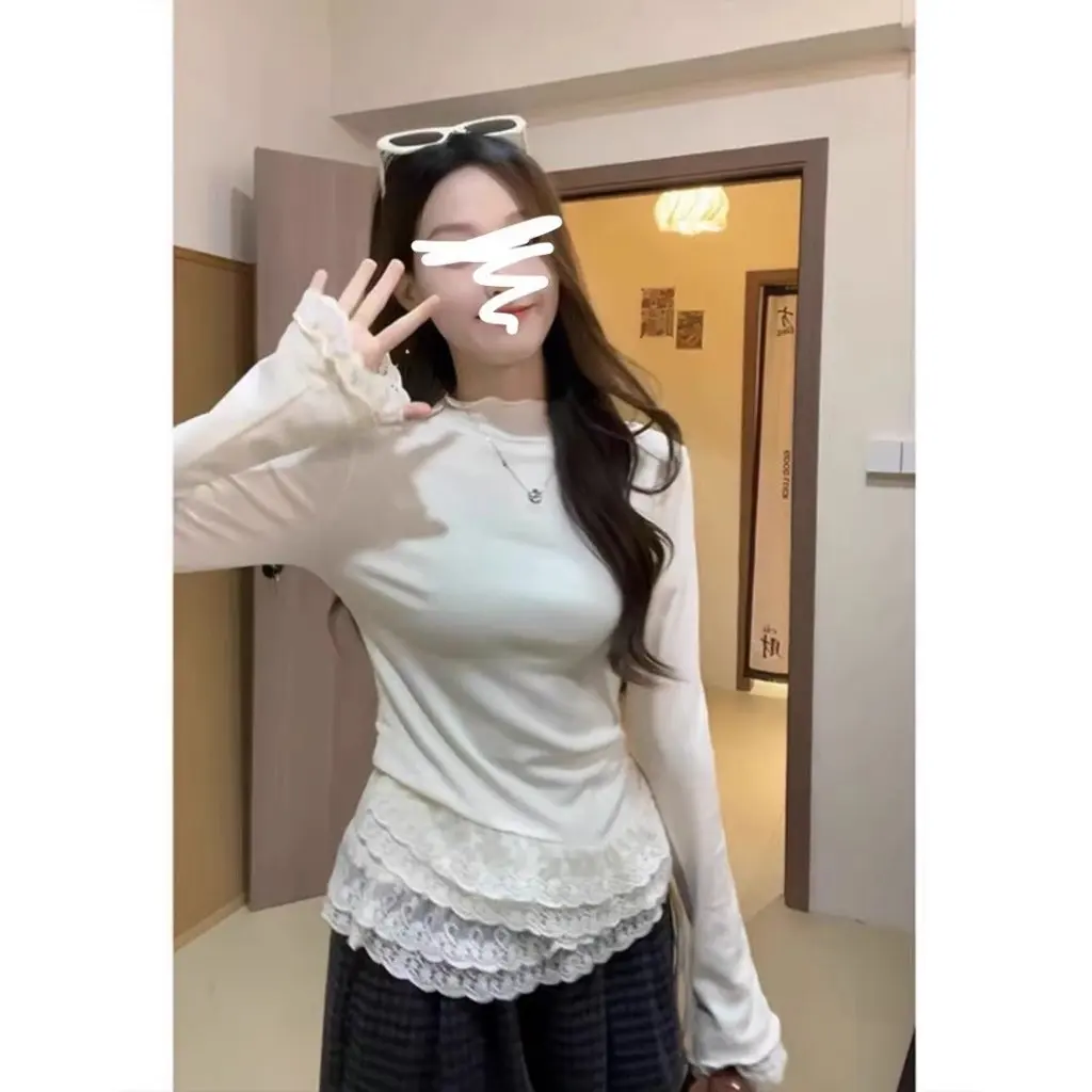 

Women's Cream White Long-Sleeved T-shirt Double Lace Stitching Semi-High Collar Slim-Fit Drawstring Inner Velvet Top for Autumn