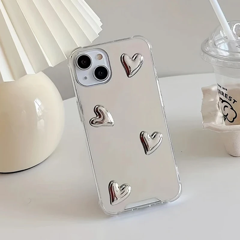 Korean Style Love Heart Soft Silicone Case For Samsung Galaxy S25 S23 S22 Ultra Plus S24 FE A56 A36 A16 A06 Silvery Mirror Cover - náhled 4