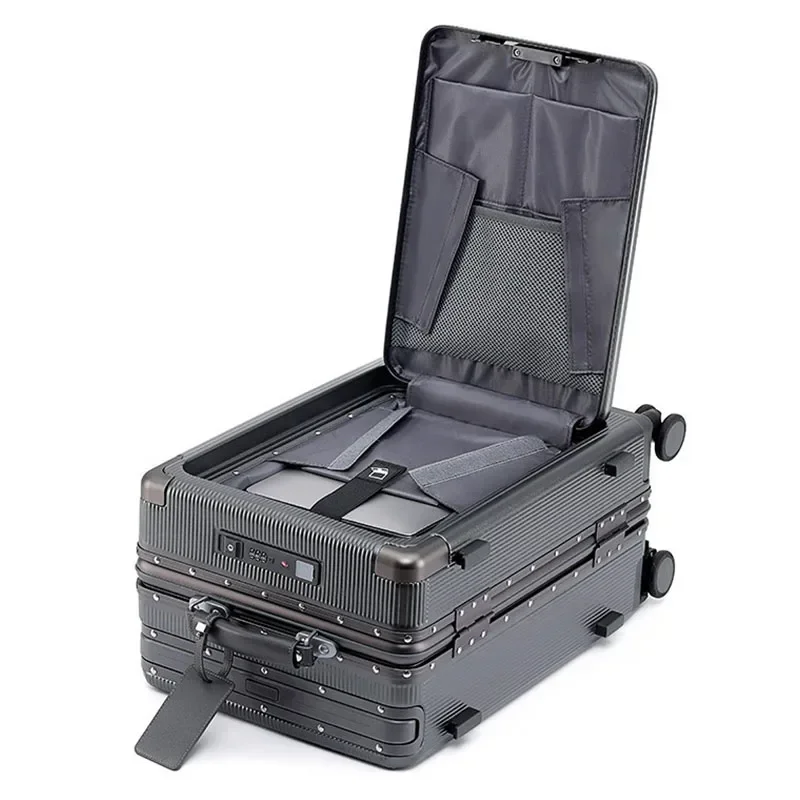 Nova mala alça larga abertura frontal com suporte de copo usb 20/24/26 Polegada cabine carry-on sacos de viagem senha trole caso