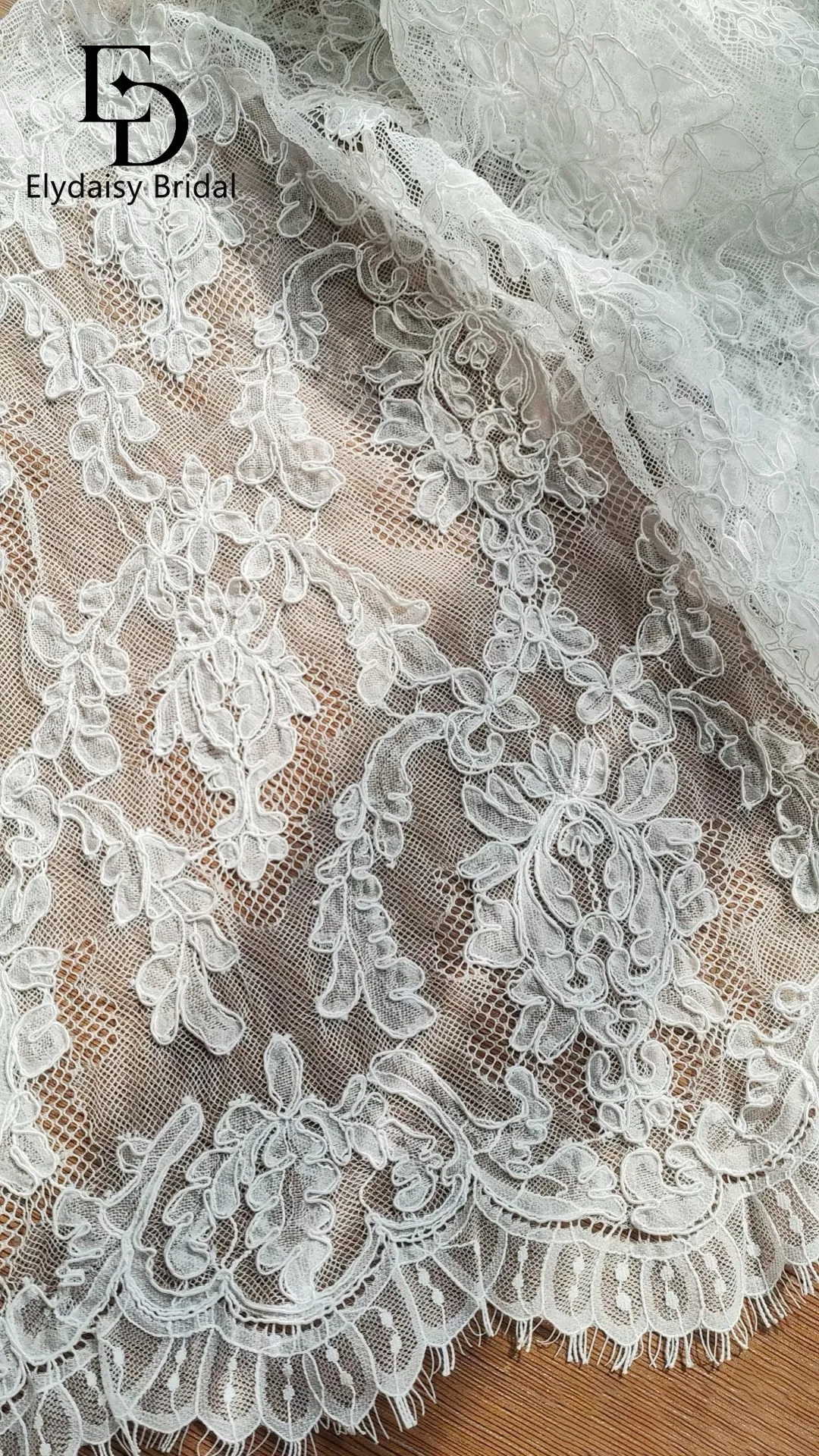 ELYDAISY Ivory 3D Bone Cord French Eyelash Lace Fabric for Wedding Dresses Sewing Craft Tulle Floral Embroidery Lace 3 Meters