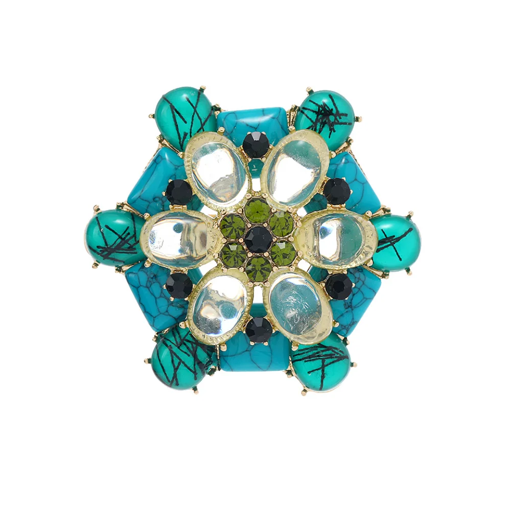 Vintage Turquoise Flower Brooch Colorful Treasure Inlaid Pin Workplace Commuting Suit Coat Temperament Accessories