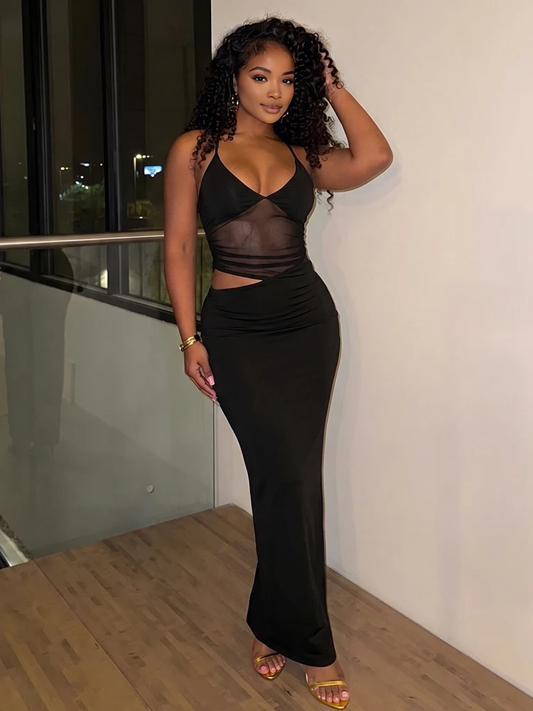 

Kliou сетчатое женское платье макси на бретельках сексуальное уличное платье с низким вырезом в стиле пэчворк длинный халат Mujer вечерние банкетные платья