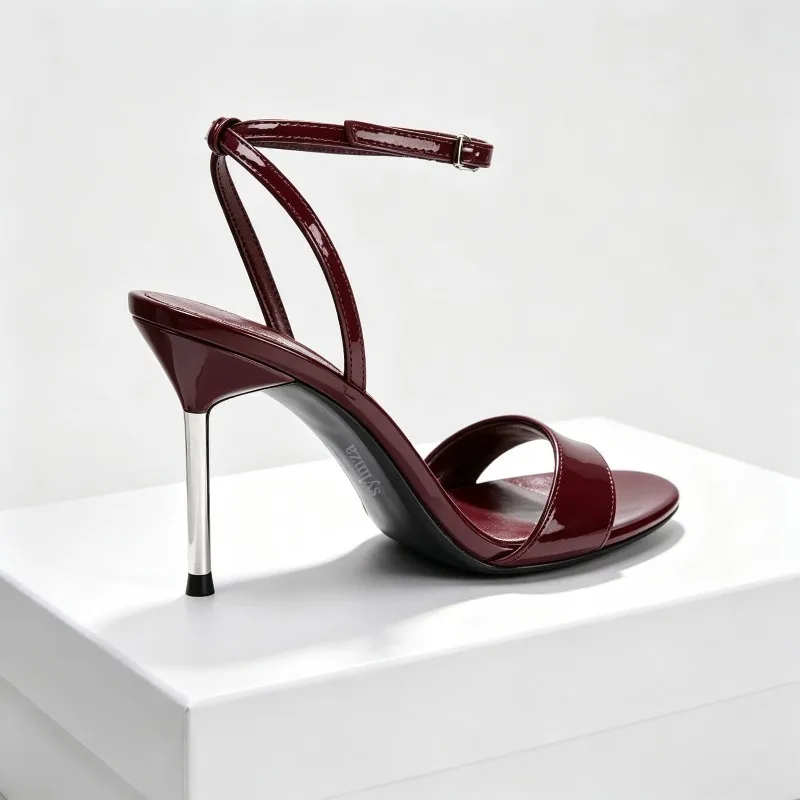 Sexy Brand High Heels Women Open Toe Ankle Strap Patent Leather Metal Thin Heels Sandals Female Elegant Party Dress Shoes Pumps image 5