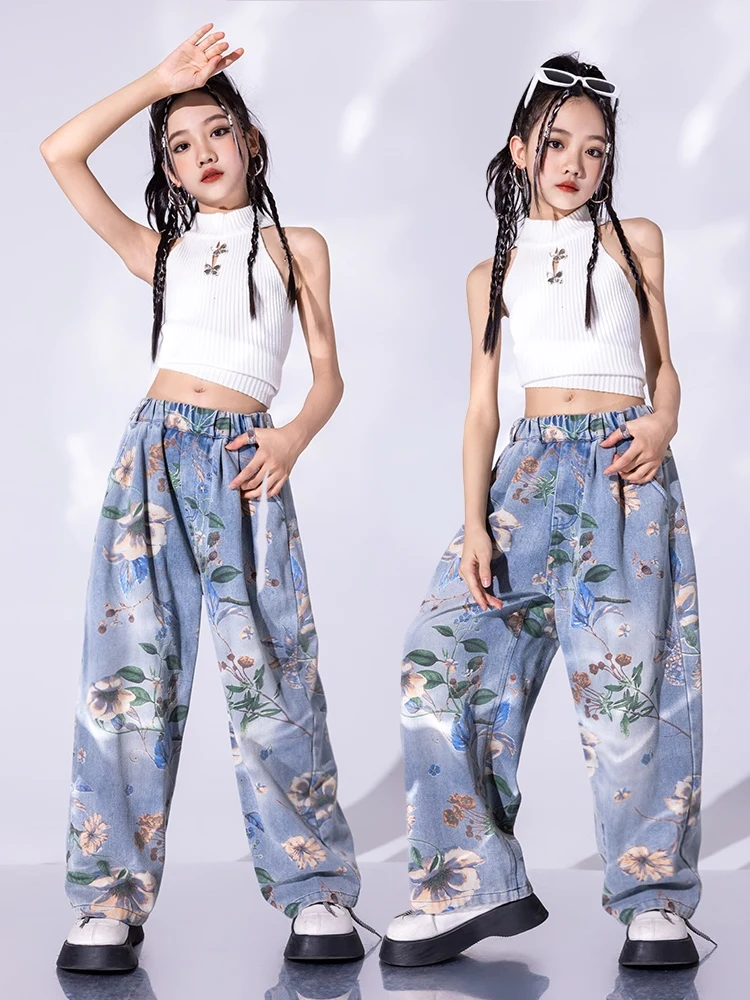 

Kids Jazz Dance Clothes Girls White Vest Flower Denim Pants Fashion Catwalk Concert Performance Clothing Stage Kpop Wear BL13365