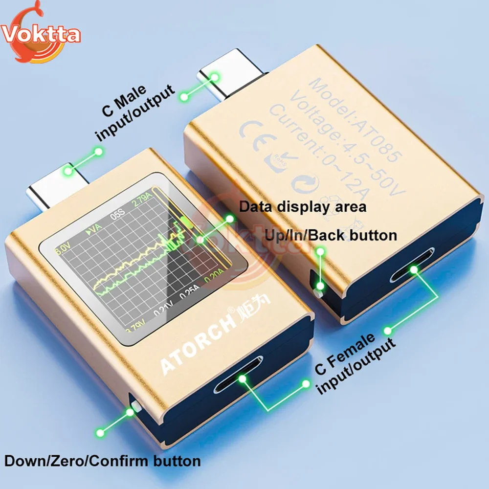 DC 4.5-50V 0-12A USB Type-C Charger Tester Digital Display DC Voltage Ammeter Power Meter TFT G-Sensor Voltage Current Tester