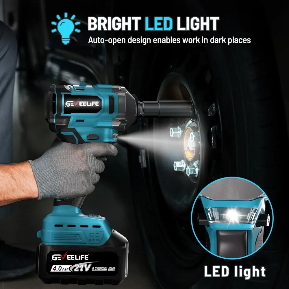 Obeng Impack Tanpa Kabel 450N.m/332Ft-lbs, Pistol Impack Tanpa Kabel 1/2 inci dengan Baterai 4.0Ah & 6 Soket, Obeng Impack Elektrik