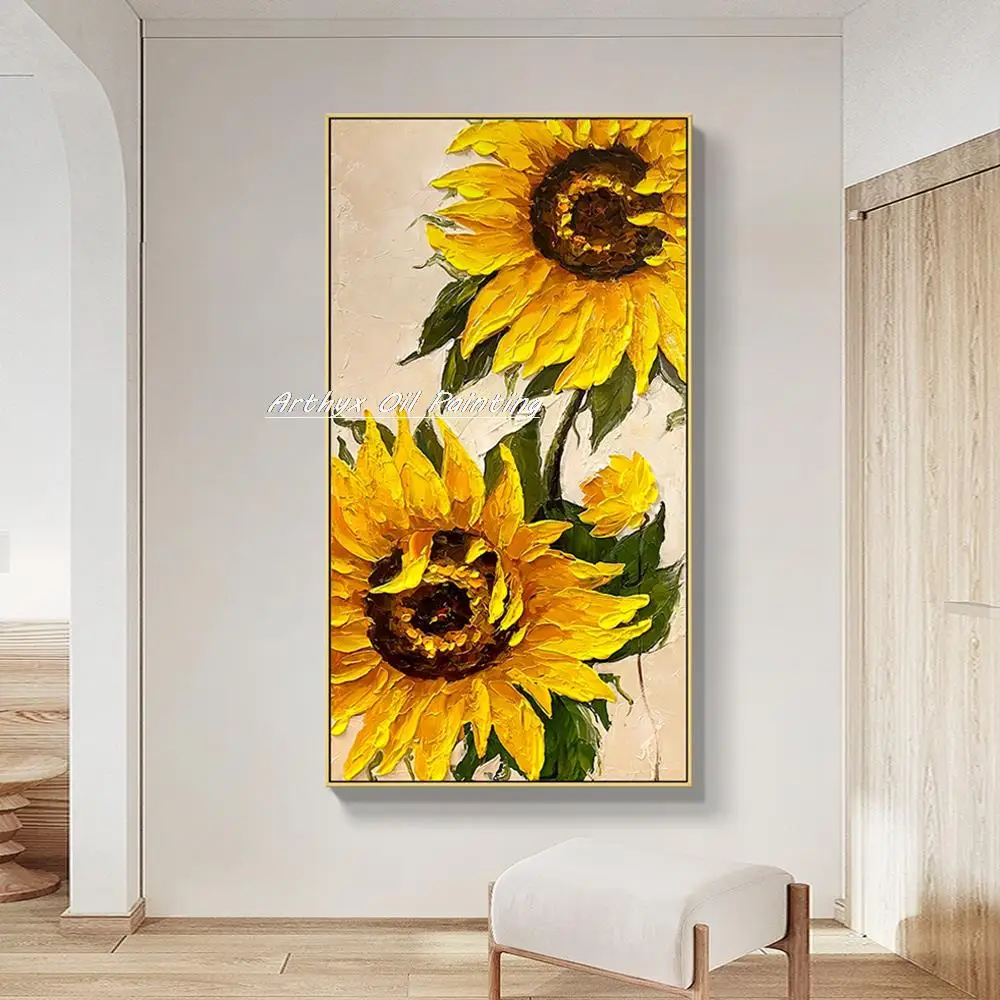 Arthyx Hand Painted Thick Texture Abstract Sunflower Oil Painting On Canvas,Handmade Flower Wall Art,Picture For Home Decoration