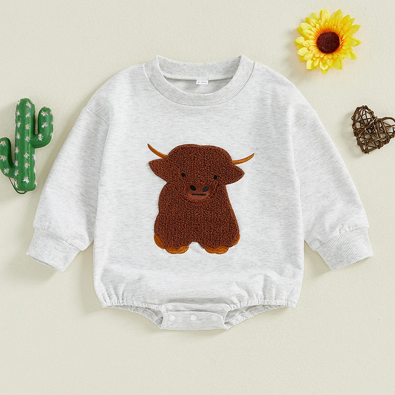 Pelele de manga larga con cuello redondo para bebé, sudadera bordada de ganado, monos adorables, ropa de otoño e invierno