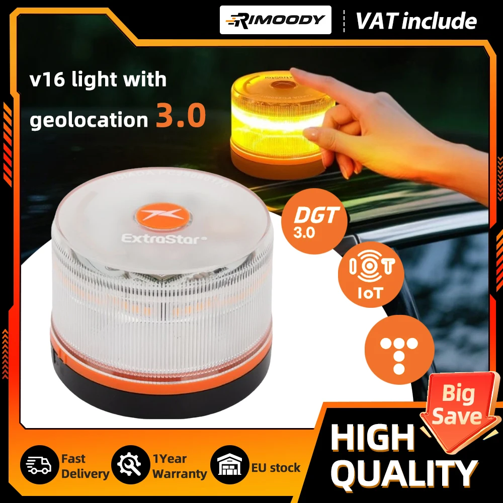 Luz LED de emergencia geolocalizada para coche Rimoody V16 aprobada por DGT con SIM con GPS y datos pagados Visión de 360 grados