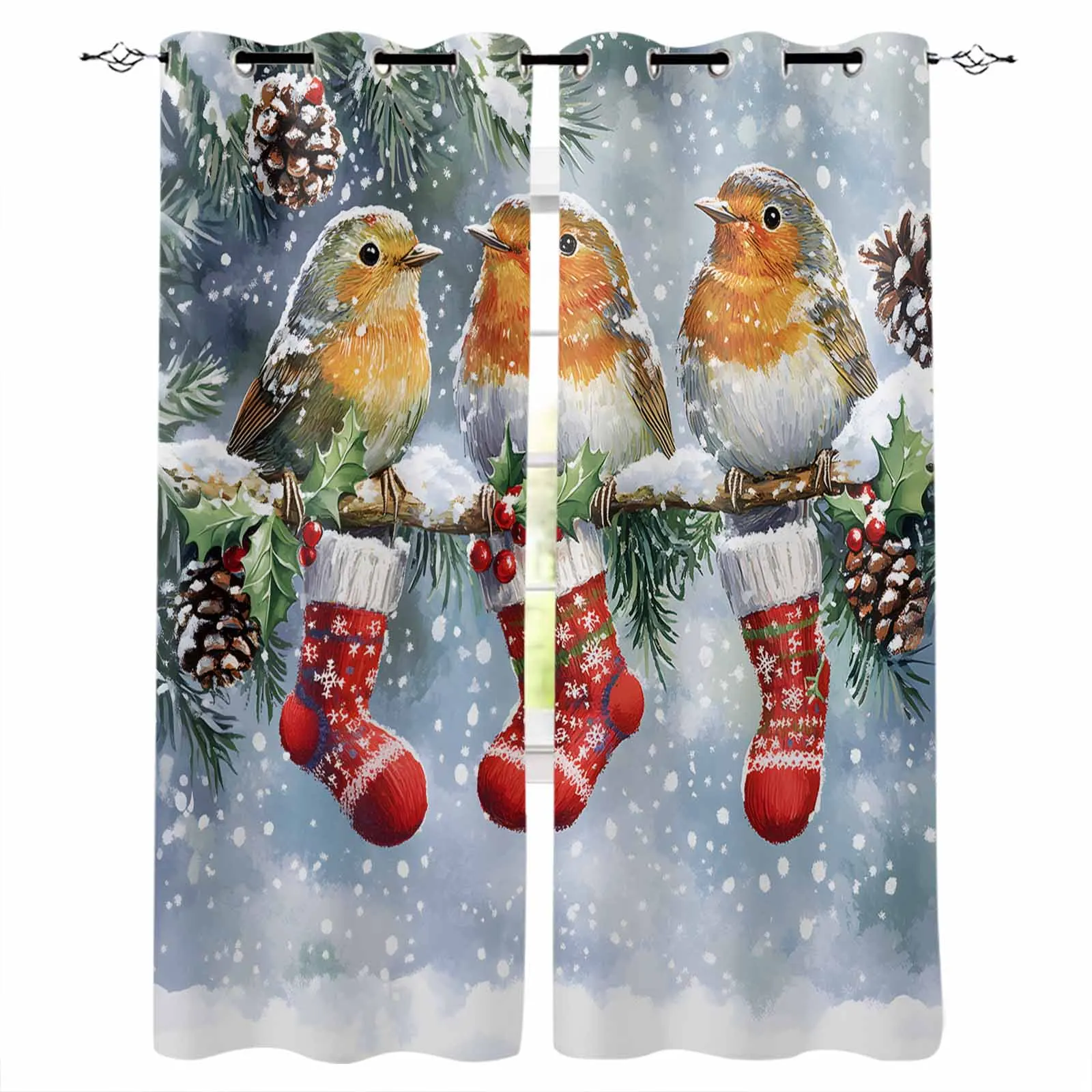 Christmas Winter Bird Christmas Socks Living Room Bedroom Window Treatment Blinds Drapes Modern Kitchen Curtains