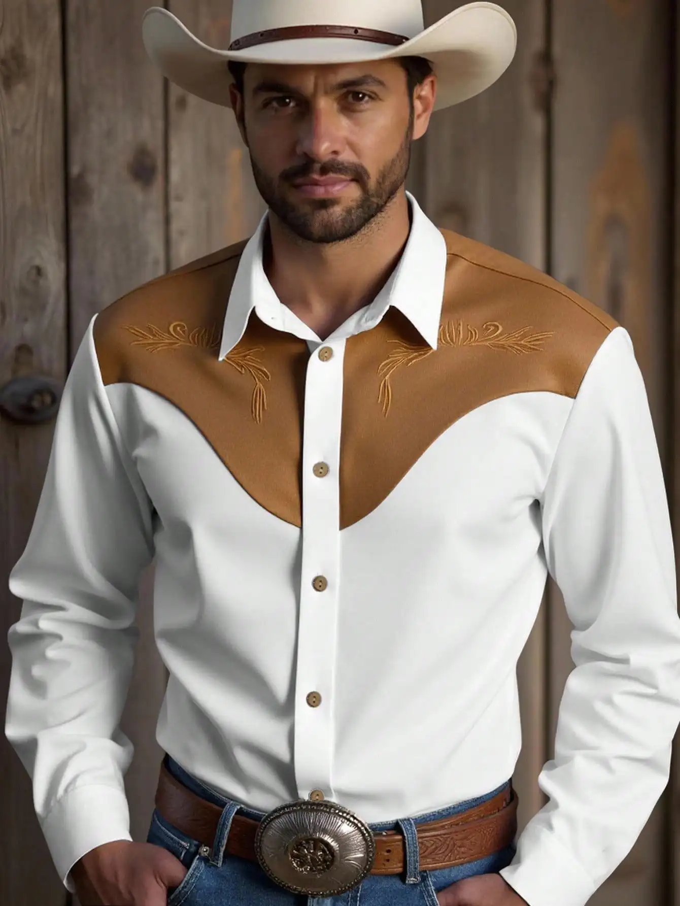

Men's Western Style Contrast Color Embroidered Button-Down Shirt, Long Sleeve Casual Top