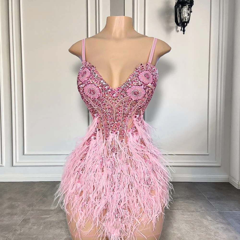 

Cute Pink Diamond Crystals African Black Girls Short Prom Dresses 2025 Feather Mini Style Women Formal Birthday Party Gowns