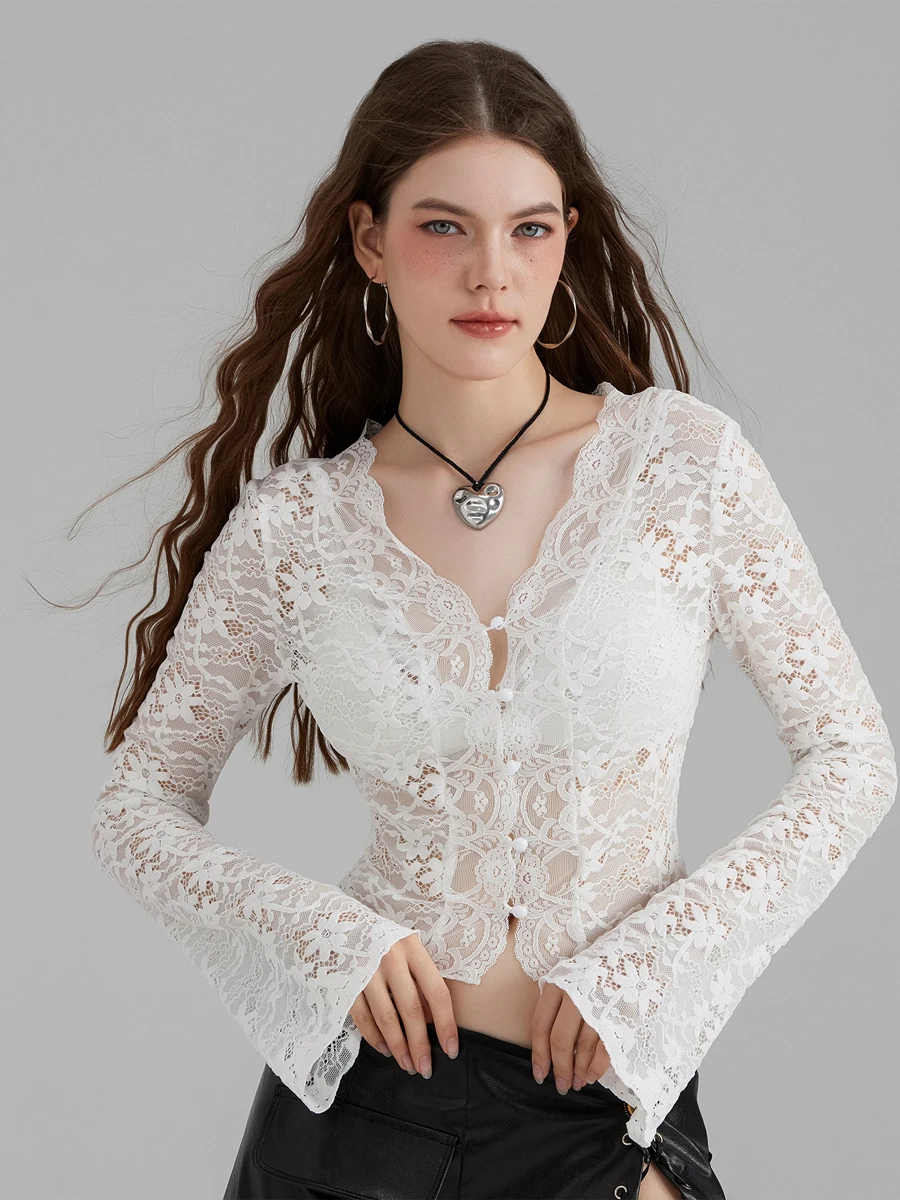 wsevypo Elegant Lace Floral Crochet Sheer Lace Shirts for Spring Summer Women's Flare Long Sleeve V Neck Button down Crop Tops