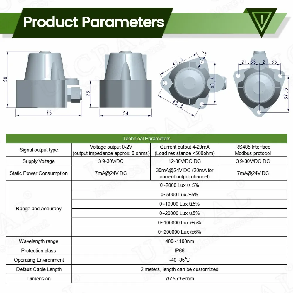 Ambient Light Illuminance Sensor Module 400-1100NM Sunlight Intensity Transmitters Measuring 0-200000LUX 4-20mA RS485 Modbus