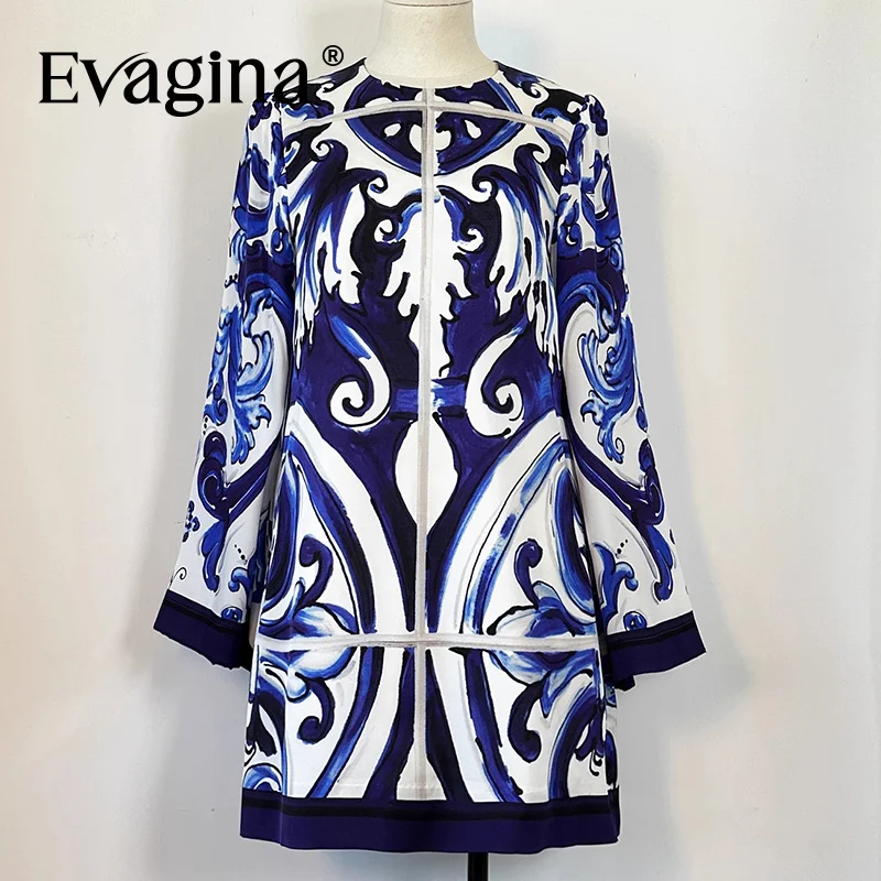 Evagina 2025 الخريف والشتاء الأزرق السيراميك طباعة غير مرونة فضفاضة بأكمام طويلة فستان حريري رائع القرن كم ألف خط تنورة