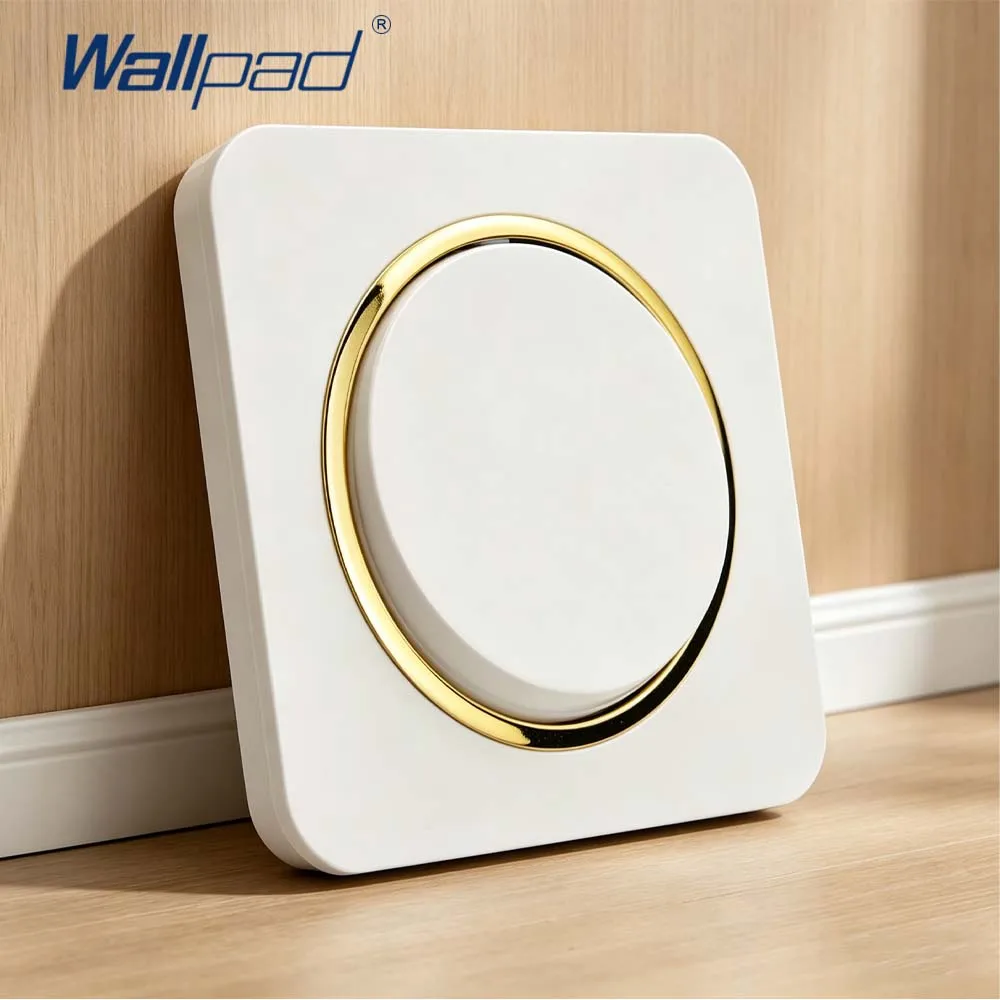 Interrupteur mural rond à bascule Wallpad, panneau en plastique blanc avec bordure dorée, 1 interrupteur simple, prise standard européenne