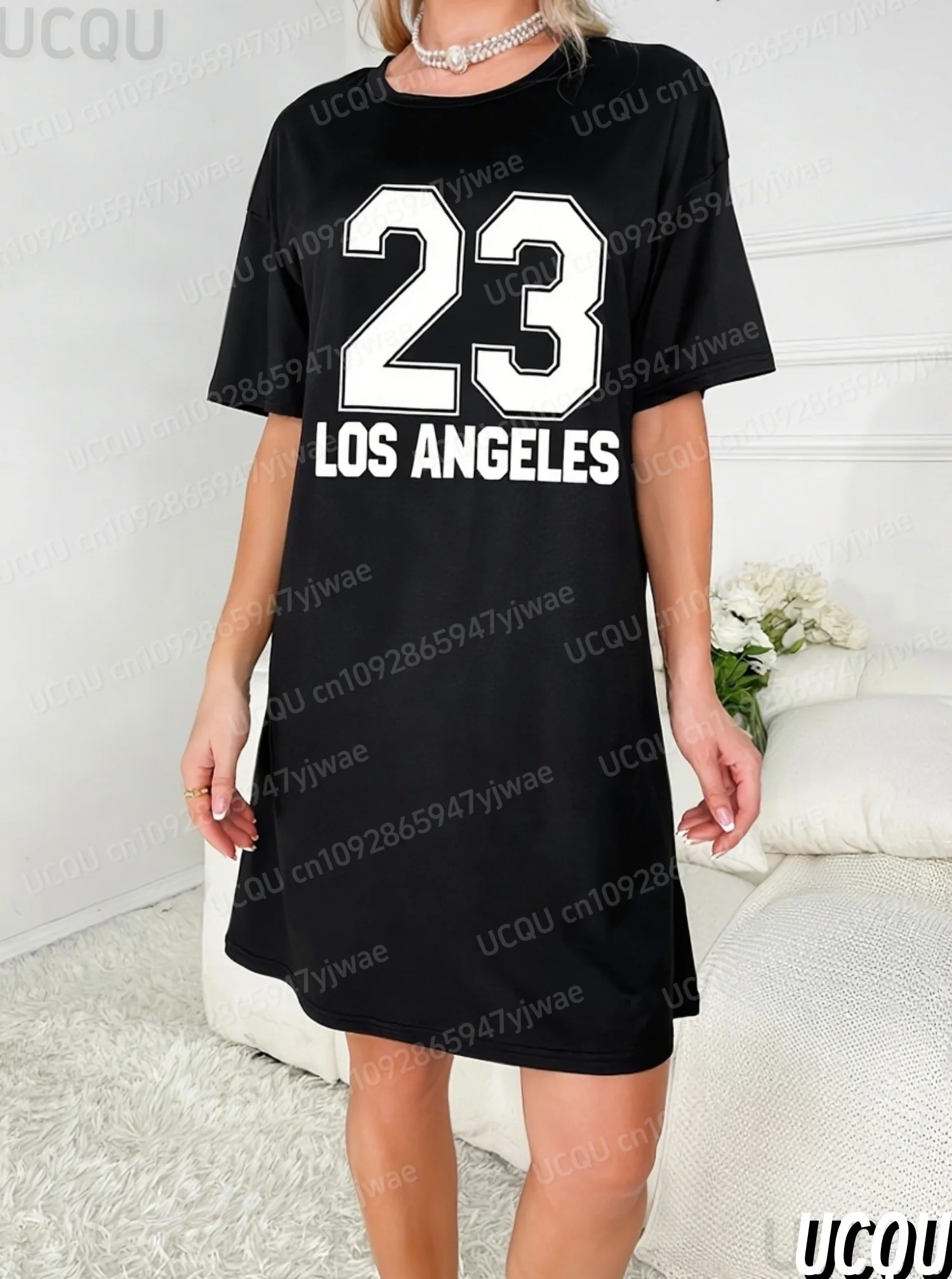 2025 verano mujer camiseta vestido suelto Casual 23 LOS ANGELES impreso cuello redondo señora manga corta Jersey vestidos ropa de mujer