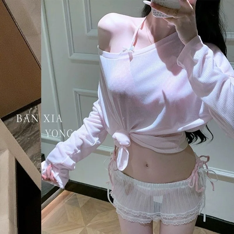 

Women's Pink Floral Halter Bikini Set with Bow Decor and Sheer Lace Mini Skirt Cover