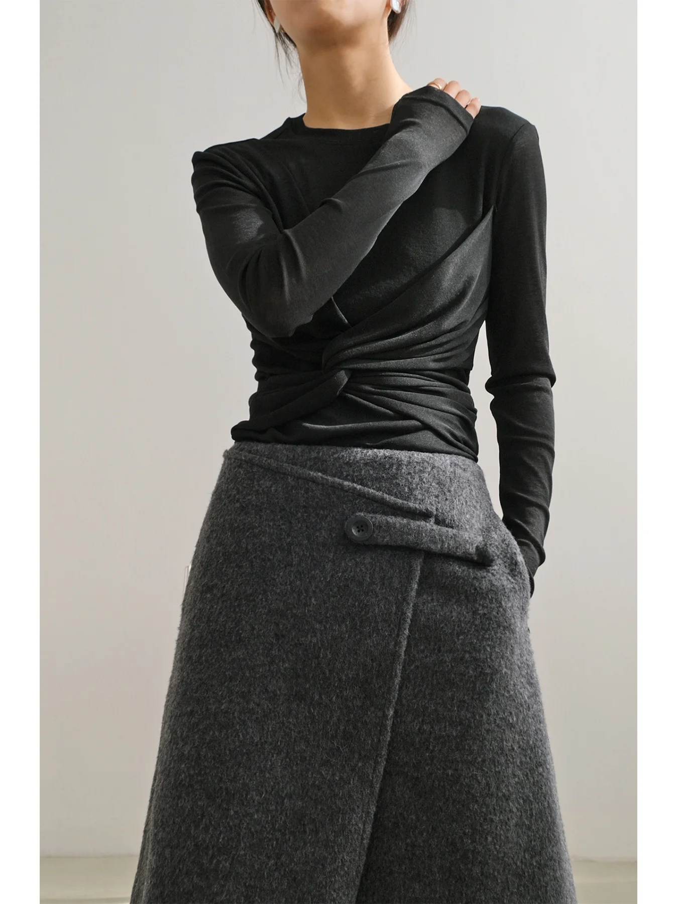 

Slim Fit Long Sve round Ne T-irt Inner Wear Knot Design Decoration Base Layer Top for Women Polyester Fiber Commute Sle