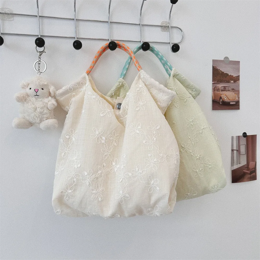 

Cute Sweet Large Capacity Canvas Handbag Top-handle Embroidered Flowers Shoulder Bag Shopping Bag Women