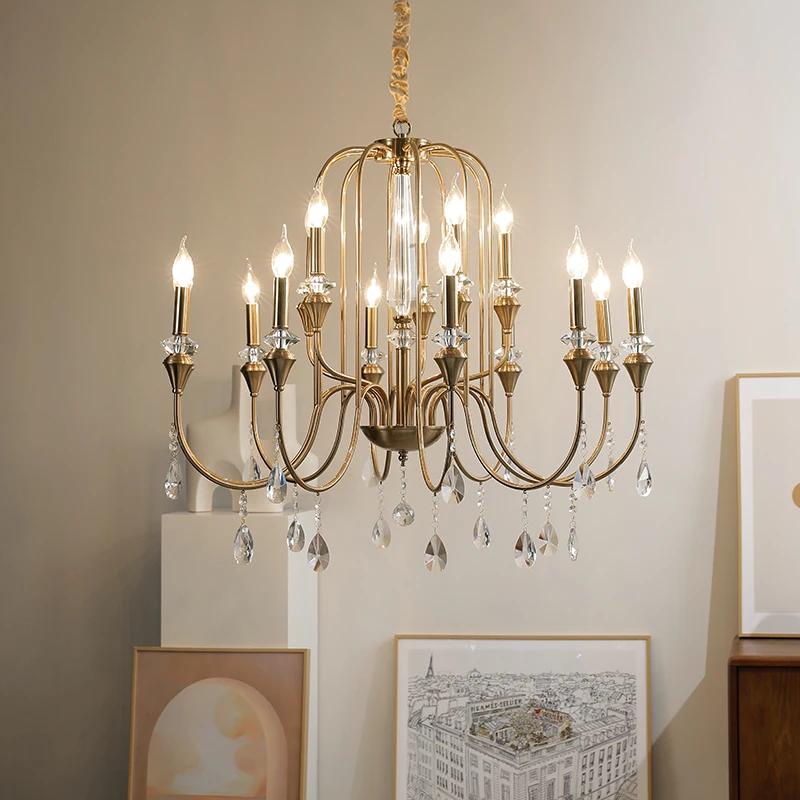 

All copper simple living room chandelier crystal light luxury art American dining room light atmospheric villa medieval light