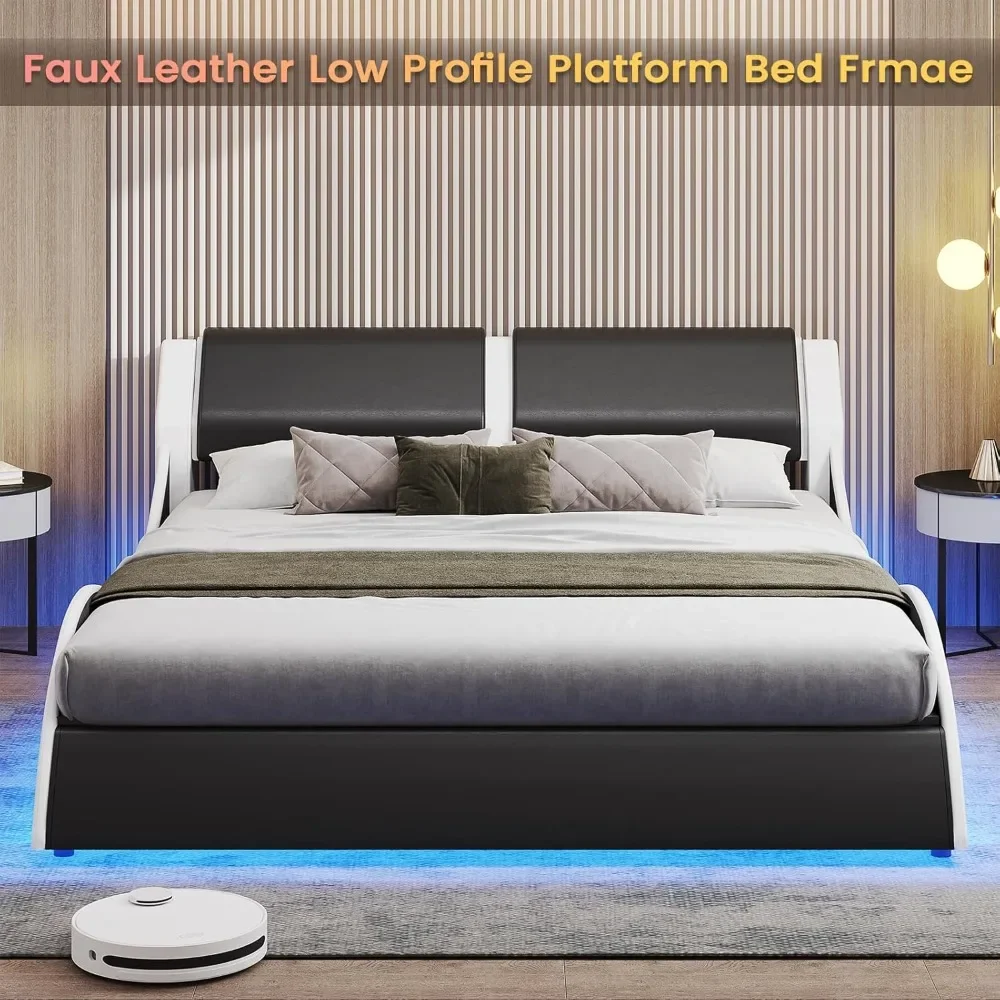 Queen Led Bed Frame Modern Faux Leather Upholstered Platform Bed Frame with RGB LED Lights and Headboard Wave Like Curve