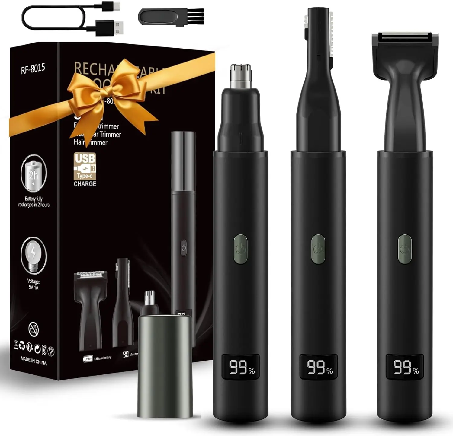 

Электрический триммер для носа 3-в-1 для мужчин и женщин, безболезненный, со светодиодной подсветкой, водонепроницаемый, перезаряжаемый через USB-C, для ухода за лицом