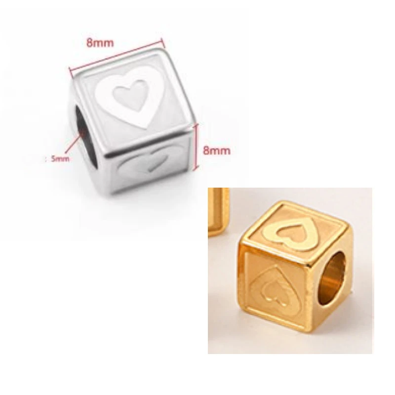 8*8*5mm Heart Stainless Steel Letter Bead Jewelry Accessories Square Pearl Beads for Necklace Bracelet Fashion Beading Charms