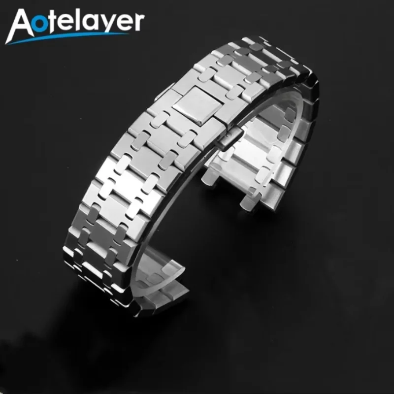 26mm 316L Solid Stainless Steel Watch Strap for AP Royal Oak 15400 15500 Series Folding Clasp Silver Dedicate Interface Bracelet