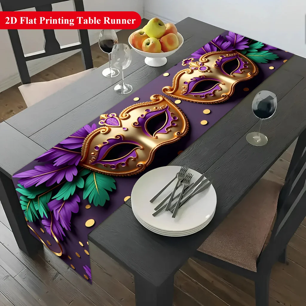 1pc Ornate Purple Golden Masks Table Runner Holiday Party Decorative Cloth for Home Kitchen Dining Office Living Room Table
