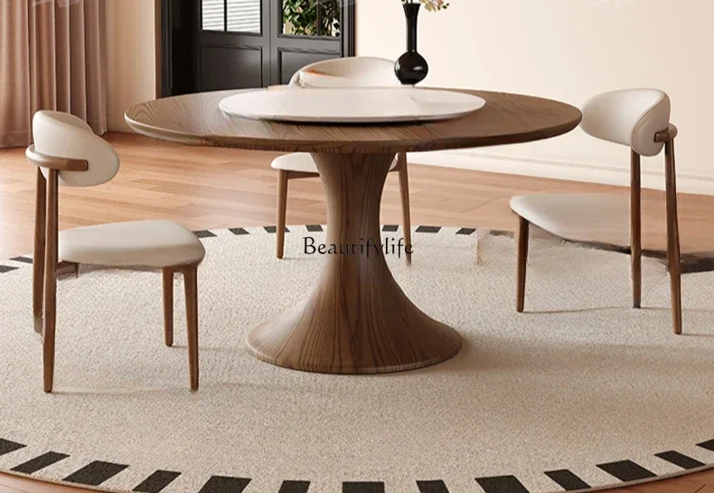 56Medieval style small waist round table with turntable household walnut ash wood retro small apartment