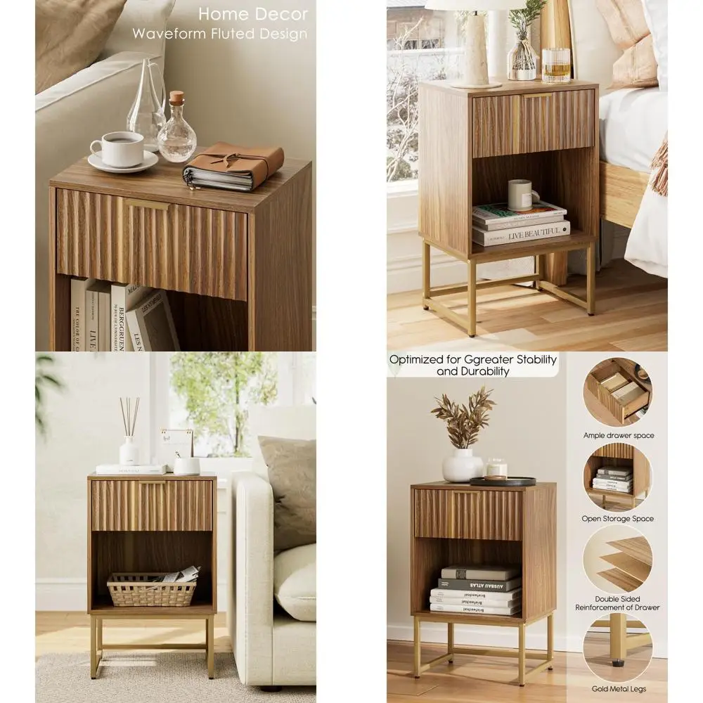 

Contemporary Walnut Brown Fluted Nightstand with Storage Drawer for Bedroom, Living Room, and Office