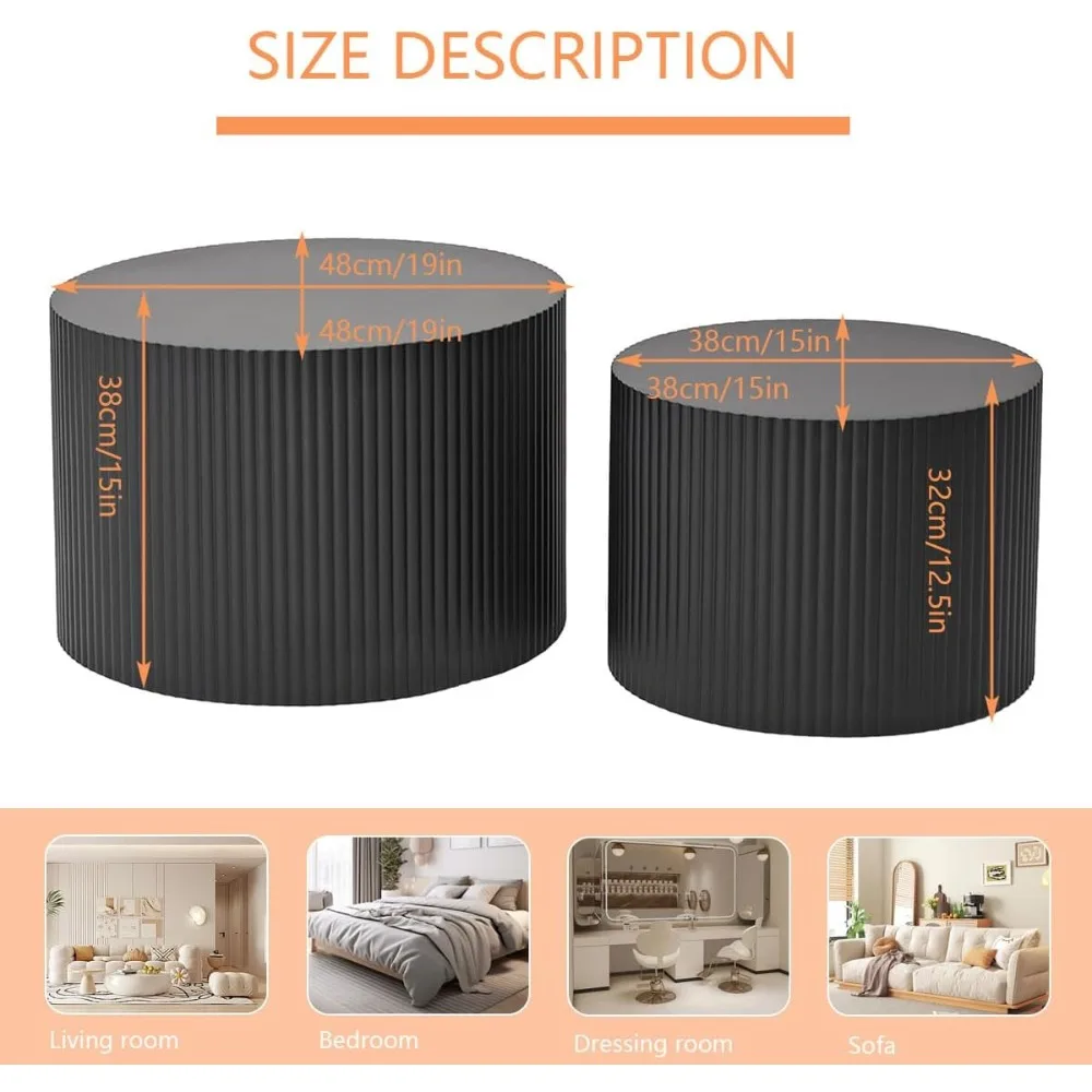 Modern Nesting Coffee Table Set - 2 Piece Wave Stripe Circular Living Room Furniture with Nested Coffee Tables