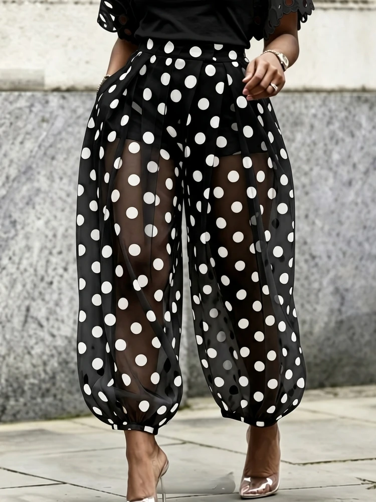 Sommerliche Polka-Dot-Netzstoffhose für Damen, hochtaillierte, plissierte, lockere Laternenhose mit Innenshorts, Strandurlaub-Haremshose – Detail 2