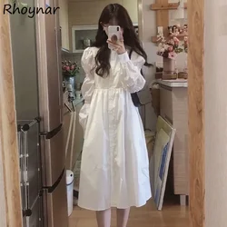 Dress Women Simple Sweet Preppy Single Breasted Mid-calf Girlish Elegant Solid White Puff Sleeve Turn Down Collar Folds Ulzzang