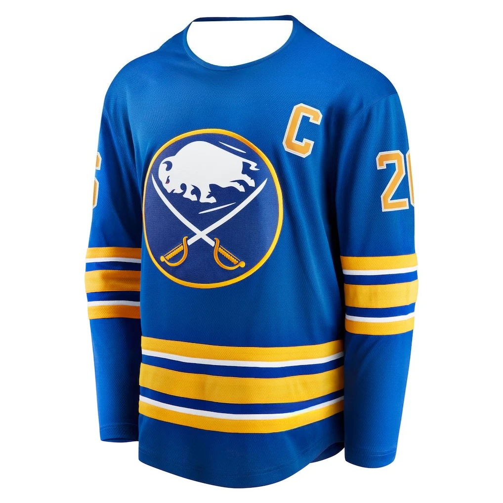 قميص الهوكي - أزرق مع لمسات صفراء/بيضاء "Dahlin 26" Captain "C" Buffalo Bison Logo Athletic Jersey 3d HD Prints