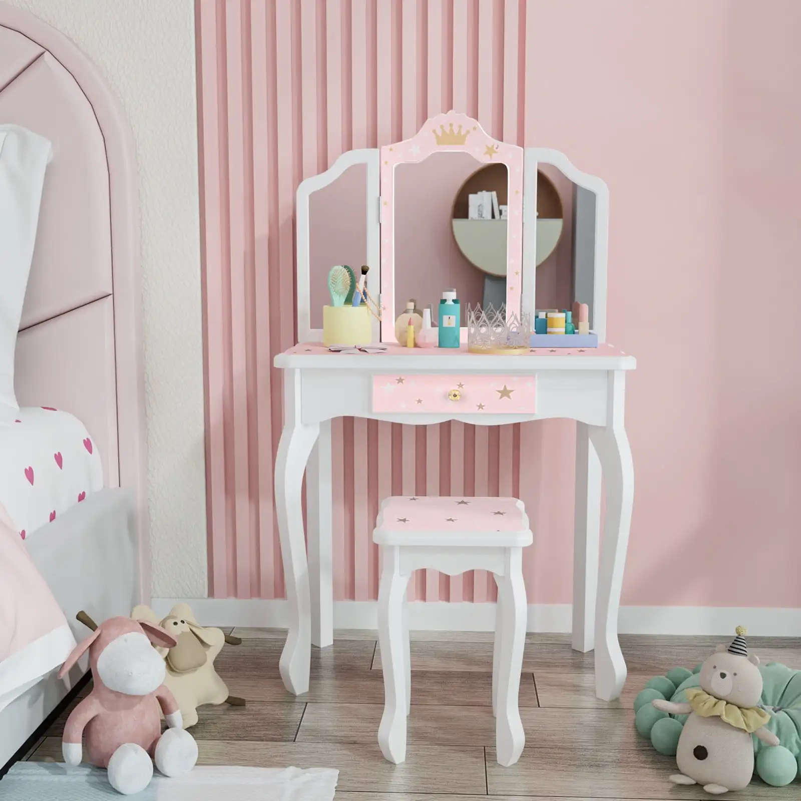 

Kids Vanity Table and Stool for Makeup Dressing with Mirrors Drawers, White