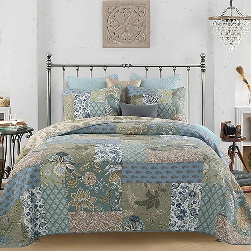 Cotton Patchwork Bedspread Quilt Set Oversized King (Touch Floor Size)